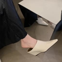 Outside Wear Baotou Half Drag Women Pointed Toe Deep Mouth Soft Leather Lazy Wedge Heel High Heel Sandals and Slippers