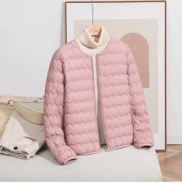 LANMREM Women Crew Neck Lightweight Short Down Jacket Wave Quilted Zipper Closure Portable Inner Wear Puffer Outerwear Coat