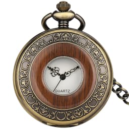Antique Red Wood Decorated Half Hunter Bronze Quartz Pocket Watch Fob Chain Pendant Pocket Clock Vintage Timepiece Gift Male