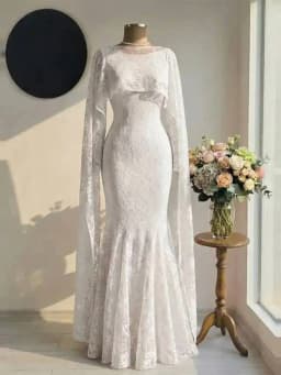 LGRQ 2026 New Elegant Round Neck Long Sleeved Waist Slimming Dress With Lace Shawl Temperament Women's Party Gown 19DB2591