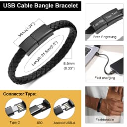 Leather Rope Bracelet for Men Boys,Black Charging Cable Wristband,Simple Convenient Jewelry Gifts