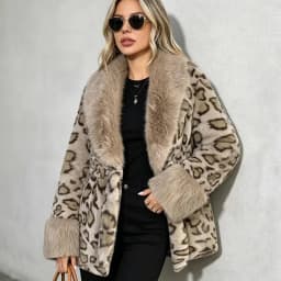 Tie Waist Faux Fur Coat Leopard Pattern Shawl Lapel Furry Cuff Splicing Long Sleeve Loose Chic Jacket 2026 Women's Fashion Coats