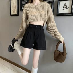 Women Office Lady Summer 2025 Solid Brown Thick High Waist Shorts Korean Style Wide Leg Boot Pants
