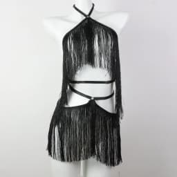 UYEE 2PCS Women's Black Halter Top with Tassel Detail Adjustable Elastic Harness Casual All-Season Wear Belt Set