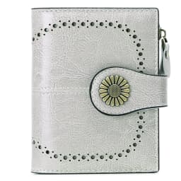 New Women RFID Blocking Genuine Leather Wallet Vintage Sunflower Buckle Short Purse 16 Card Slots ID Window Zipper Female Wallet
