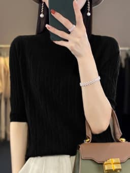 Women New Soft Diamond Letter Design Sweater Half-high Collar Three Quarter Sleeve Pullover Spring Summer Casual Knit Slim Top