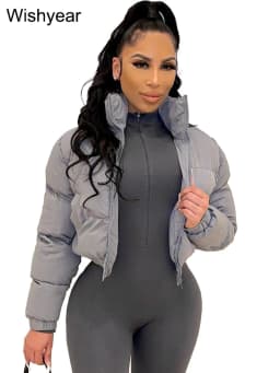 Winter Thick Warm Cotton Down Jacket Women Clothing Gray Zipper Short Puffer Parkas Coats Outwear Female Crop Tops Streetwear