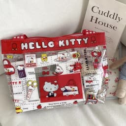 Retro Red Checkered Hello Kitty Transparent Handbag Cartoon Print PVC Waterproof Mommy Bag Swimming Storage Tote Bag