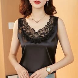 plus Size Lace Trim Silk Vest Top Women's Base Shirt Suit Professional Inner Wear Summer Floral Versatile Outerwear Silk Sati...