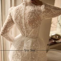 Charming Lace Beaded With Sequin Short Wedding Dress High Neck Long Sleeves Bridal Gown Buttons Back Robe De Mariée For Bride