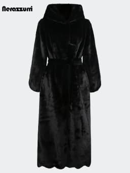 Nerazzurri Autumn Winter Extra Long Luxury Elegant Thick Warm Black Soft Fluffy Faux Rex Rabbit Fur Coat Women with Hood Sashes