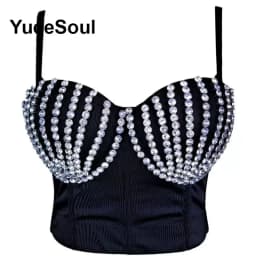 Black Y2K Tops White Rhinestone Sequins Tassel Slim Crop Top New Gothic Party Club Wedding High Street Sexy Corset Top Camis