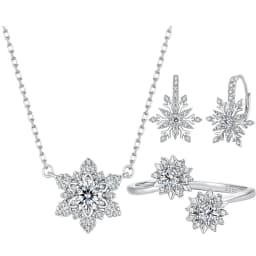 Bamoer 925 Sterling Silver Ice Flower Jewelry Set Double Snowflakes Open Ring Spring Hoop Earrings for Women Sparkling Gift