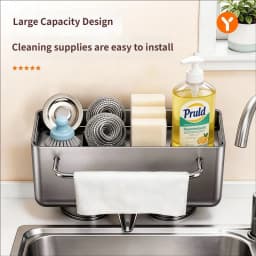 No Drill Suction Cup Kitchen Sink Caddy with Towel Bar Kitchen Sink Sponge Holder Dishcloth Drying Rack Sink Drain Basket