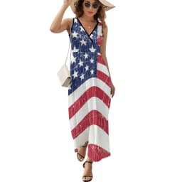 American Flag Dress Patriotic Flag Star Design Boho Beach Long Dresses V Neck Print Maxi Dress Korean Fashion Clothes Oversize