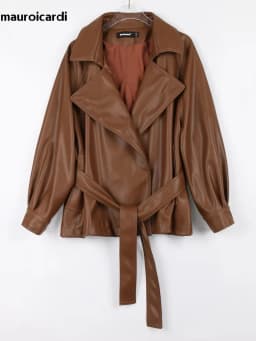 Mauroicardi Spring Short Fitted Brown Soft Lightweight Pu Leather Jacket Women Raglan Sleeve Sashes Black Fall Clothes 2025