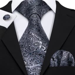 Barry.Wang Black White Gray Silver Men Tie Handkerchief Cufflinks Set Jacquard Necktie for Male Wedding Business Party Gift