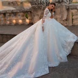 Customized Elegant White Wedding Dresses Illusion Long Sleeves Luxury Appliques Lace Bride Dresses Princess Tulle Wedding Gown