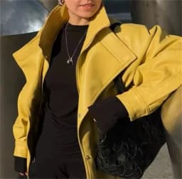 Guobioziy Women's Jacket 2026 Fall New Arrival Yellow Long-Sleeve Stand Collar Loose Faux Leather Jacket Parka Biker Style