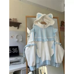 Spring Autumn Thin Fleece Subculture Virtual Human Color Block Long Sleeve Hoodie Women's Lace Hem Coat Sweet Style Zipper Lo...
