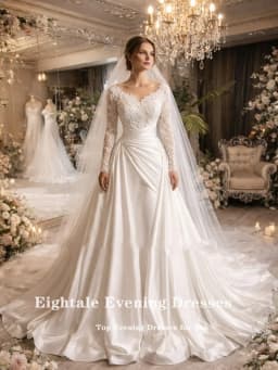 Eightale Arabic Wedding Dress V-Neck Customized Ivory Satin Appliques Lace Long Sleeves Bridal Gown A-Line Bride Party Dress