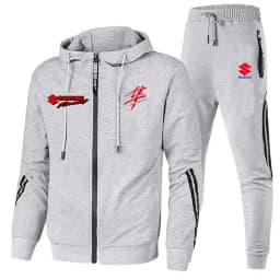 New Suzuki sportswear set for men, featuring a zip-up hooded sweatshirt and pants with Suzuki logo print. Quick delivery.