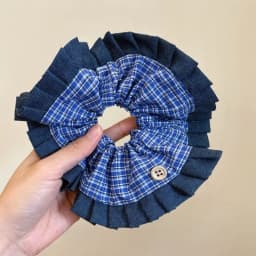 Bow Denim Blue Plaid Square Towel Large Intestine Hair Band Femininity Square Hair Accessories Headrope Rubber Band