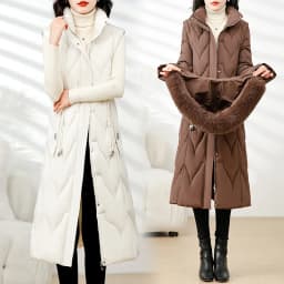 Winter Long Slim Fit down Cotton Jacket Women's Knee-Length Removable Sleeve Fur Collar Warm Thickened Zipper Closure Coat