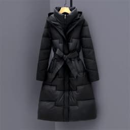 Long Knee Length Down Cotton Jacket for Women's Clothing in Winter 2025, New Hooded Waist Cinching and Slim Cotton Jacket, Thick
