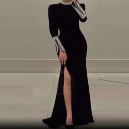 Elegant Solid High Slit Party Dress Temperament Long Sleeve Slim Evening Gala Dress Turtleneck Rhinestone Banquet Dress Women