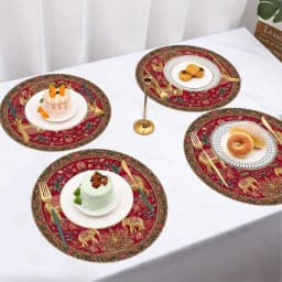 VIKAMA 4PC Indian style Golden Elephant Meal Mat Golden Elephant Flower Table Restaurant Theme Party Decoration