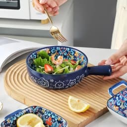 Bohemian Ceramic Hand-Painted Embossed Patterned Salad Bowl with Handle Kitchen Bakeware Microwave & Oven Safe 1 Pc