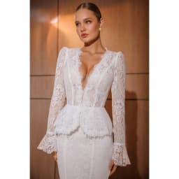 Rebecca Customized Long Sleeve Ruffled Bell Sleeves Wedding Dress Mermaid Peplum vestidos de noche V‑Neck Evening Dresses 2026