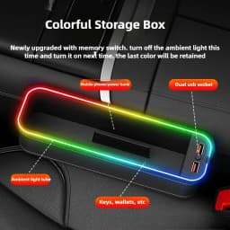 LED Car Crevice Storage Organizer Box Car 2 USB Charging Colour Light Seat Gap Storage Box Auto Interior Stowing Tidying