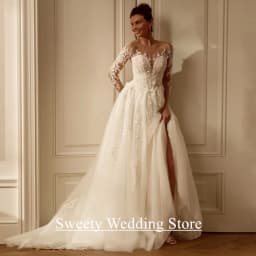 Charming Woman Bride Wedding Dress Robe De Mariee Customized Scoop Neck Beading Applique A Line Glitter Bridal Gown