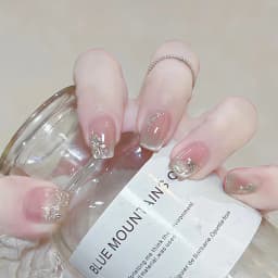 24Pcs French Short Square White Reusable False Nail Tips with Rhinestone Star Chain Nude Pink Acrylic Lovely Nails Fashion Set
