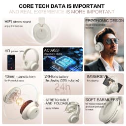 Bluetooth Headphones Over Ear Wireless Headset BT5.3 Foldable Portable Hi-Res Audio Fashion Aesthetic Deep Bass Stereo 24H Battery Fast Charge Dual Mode With Mic Noise Isolation For Students Content Creators Remote Work Travel Commuting Light