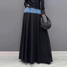 Y2k Pleated Skirt Women Long Skirts Denim Patchwork High Waist Washed Distressed Vintage Floor Length 2025 Streetwear A Line