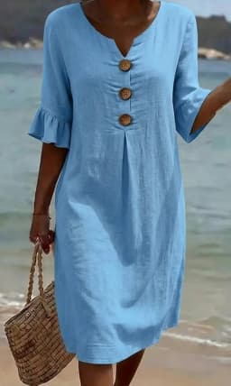 V-neck Button Solid Color Casual New Beach Vacation Style Versatile Dress For Women's A-line Lace Short Sleeved Patchwork Skirt