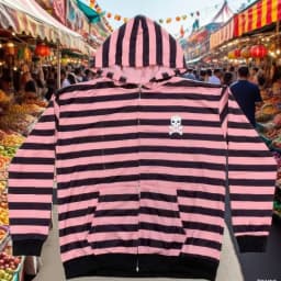 Pink and Black Striped Hooded Zipper Jacket, Spring and Summer Hooded Cardigan, Loose Zipper, Couple's Casual Hip-Hop Style