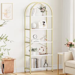 Bookshelf 5 Tier Bookcase Arched Display Racks Tall Standing Bookshelves Metal Frame Modern Storage Rack Shelf Large Wood Book S