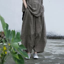 Johnature Casual All-match Full Length Wide Leg Pants 2026 Summer New Cotton Linen Elastic Mid Waist Patchwork Plaid Women Pants