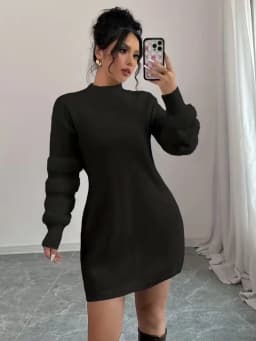 Women's Casual Solid-Color Stand-Collar Loose-Fit Knit Patchwork Dress, Belt Not Included, Fall/Winter Women's Apparel