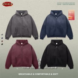 ZODF Retro Winter 400gsm Monkey Washed Fleece Zipper Hoodie Unisex Boxyfit Distressed High Street Hooded Jackets Outwears HY1330