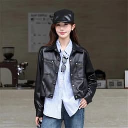 Black Short Faux PU Leather Jacket Big Pocket Lapel Single-Breasted Long Sleeve Autumn New Women Imitation Leather Biker Jacket
