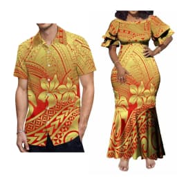 Support Custom Women'S Crew-Neck Dress Midi Party Fishtail Long Dress Polynesian Samoan Couple Suit Matching Men'S Aloha Shirt