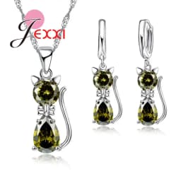 Fast Shipping Retail Romantic Engagement Silver Cute Cat Jewelry Sets Necklace Earrings With Austrian Crystal For Women