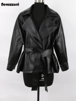 Nerazzurri Spring Autumn Short Brown Black Soft Light Faux Leather Jackets for Women Belt Lapel Casual Loose Korean Fashion 2022