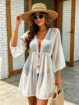 Black Sheer Chiffon Beach Cover Up Lace Trim Tassel Tie Waist Flare Sleeve Bikini Kimono Coverup