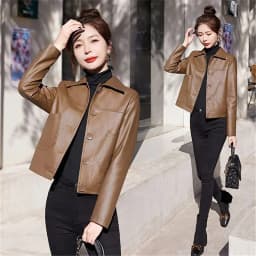 New Western Style Spring and Autumn Short Leather Jacket Women's Lapel Womens Casual Jacket Fashionable Leather Jacket Versatile